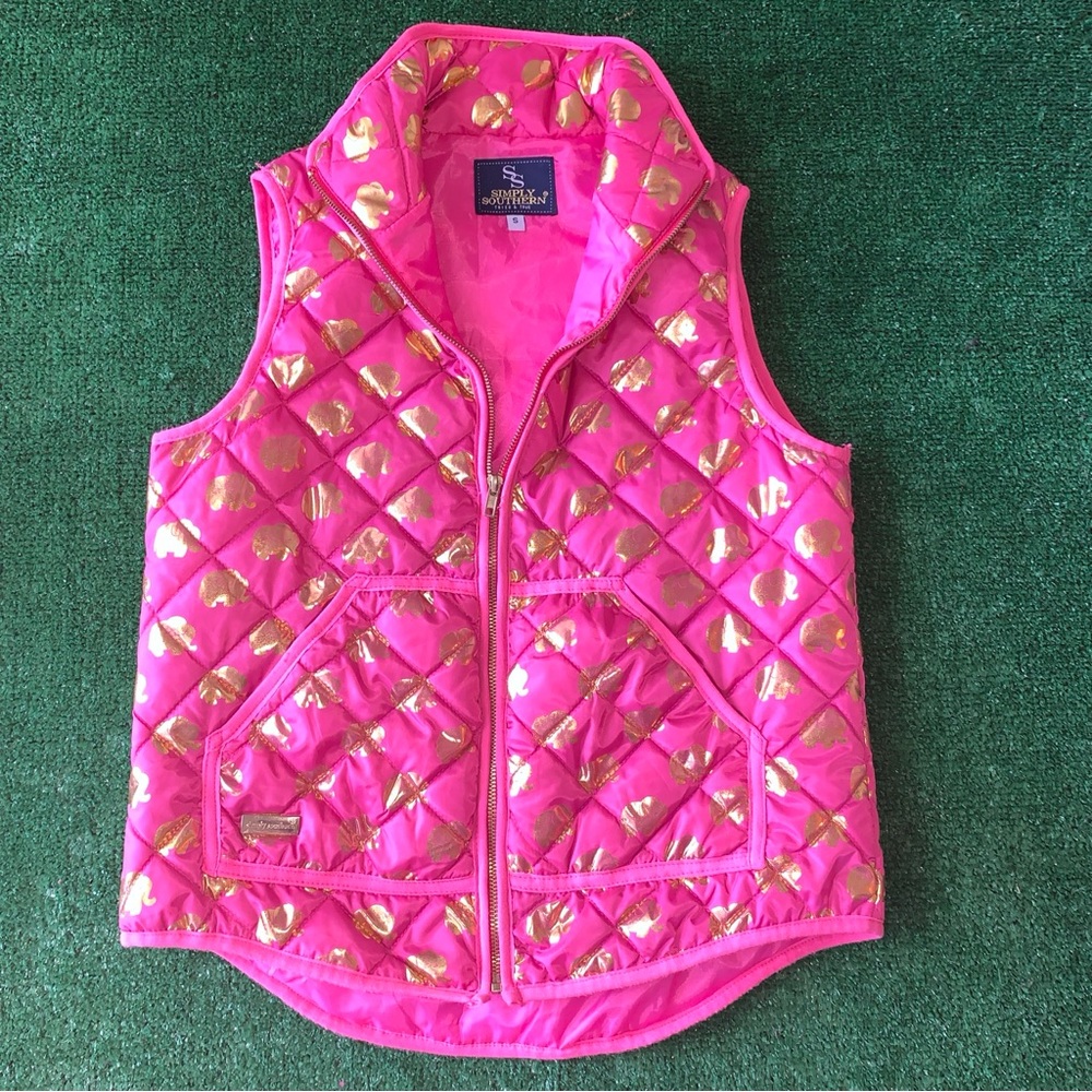 Simply Southern Vest Womens Small Puffer Quilted Pink Gold Elephants Zipper